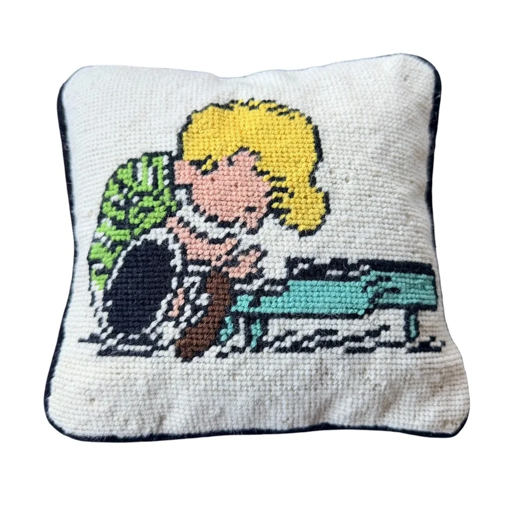 Vintage Peanuts Schroeder Needlepoint Throw Pillow 7x7 Piano Retro Decor